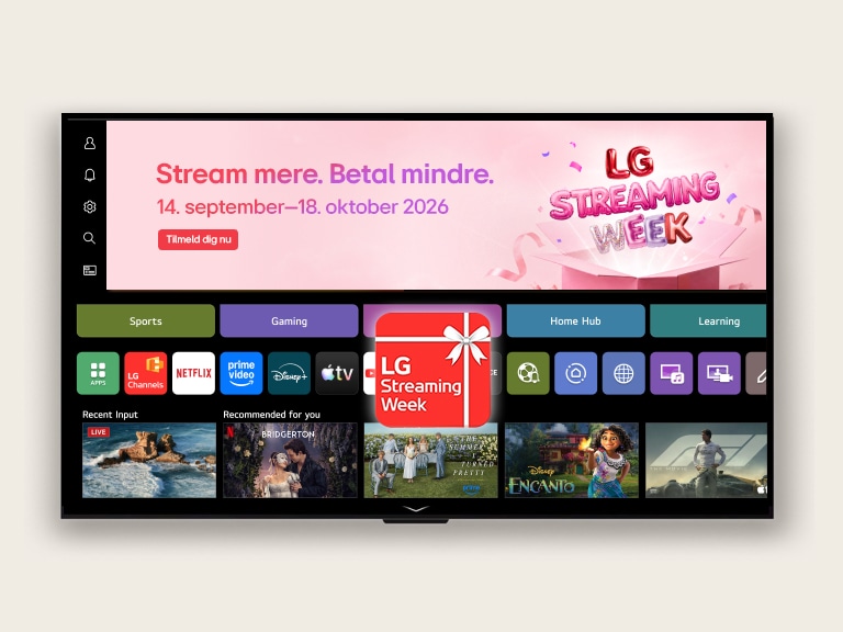webOS Startskærm-UI med et LG Streaming Week-banner og app-ikon, med streaming-apps og anbefalet indhold vist på skærmen.